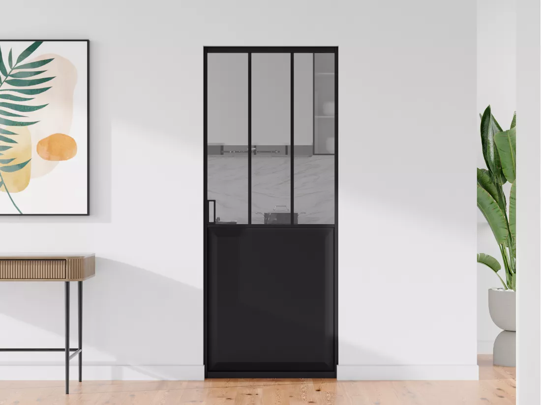 Porte coulissante atelier avec système à galandage - Noir et verre trempé - H205 x L93 cm - ARTISTO II