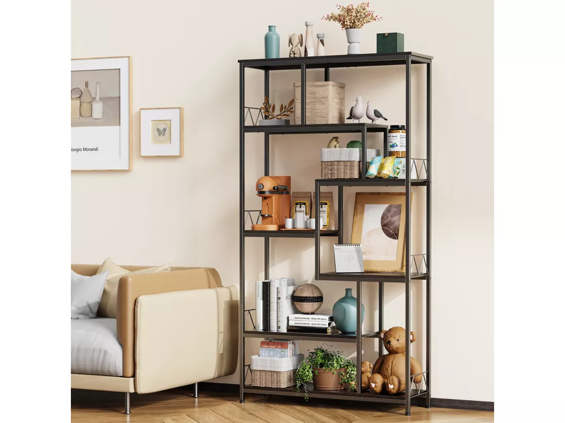 Bibliothèque Bealife Étagère de Rangement 7 Niveaux Cadre en Métal Pied Réglable 100 x 30 x 180 cm Noir