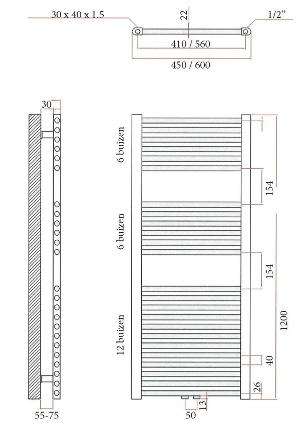 Sanicare design handdoekradiator 60x120cm midden aansluiting inox look