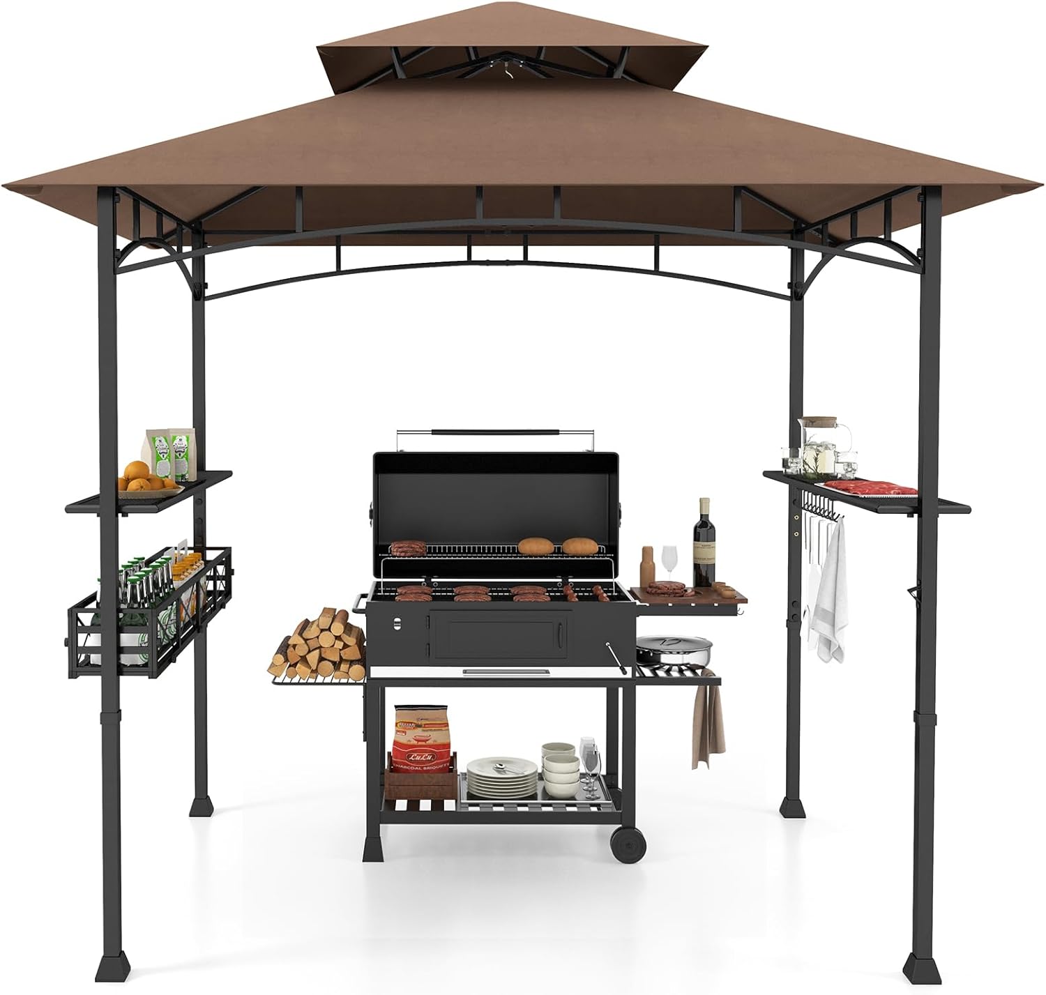 COSTWAY Grillpavillon mit Doppeldach, Seitenregalen, Metallkorb, Haken und Flaschenöffner, Grillüberdachungen wetterfest, Grillunterstand für Garten, Außenbereich, 242 x 153 x 250 cm (Braun)