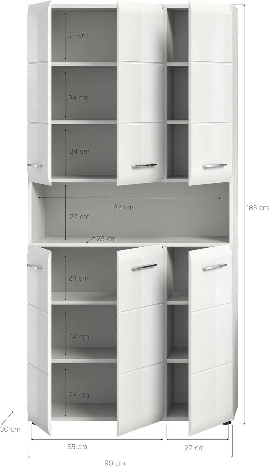 xonox.home – Mehrzweckschrank Ice 90x185x30 cm in Korpus weiß Nachbildung und Front weiß Hochglanz – weißer Badschrank Hochschrank breit – modern & platzsparend