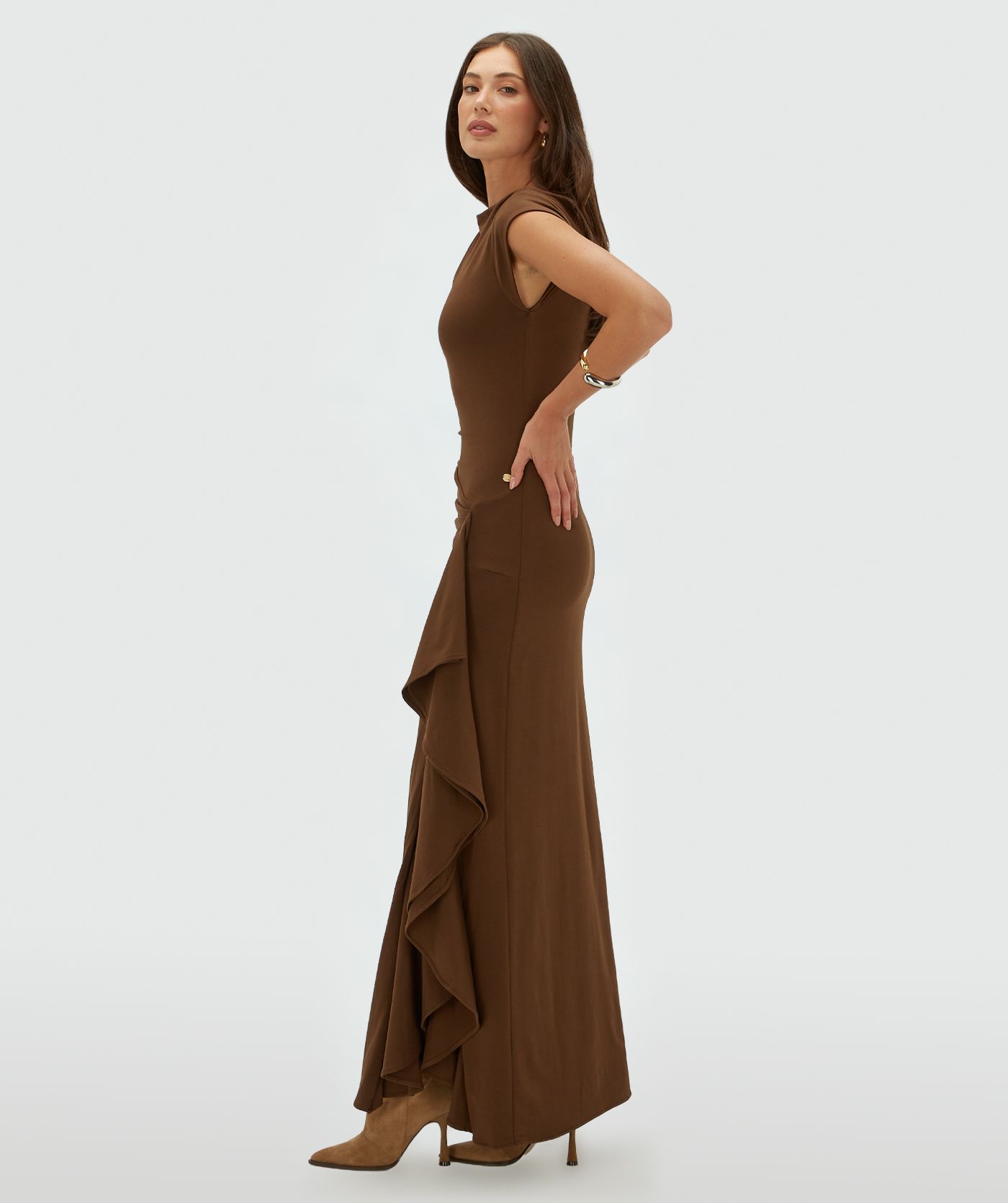 JV-ZYLAS slim fit maxi jurk met ruffles - brown