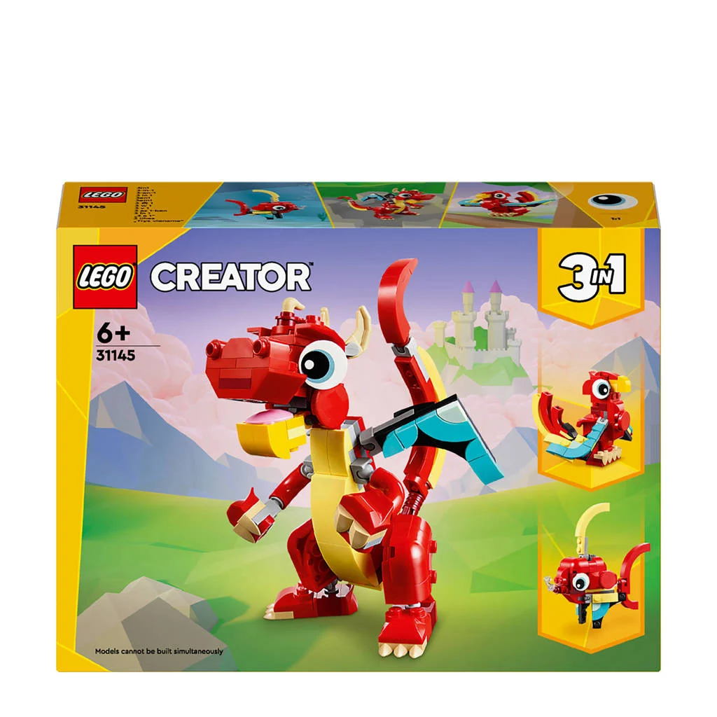 De rode draak3-in-1 Rode draak Speelgoed Dieren Figuren Set met Vis en Feniks 31145