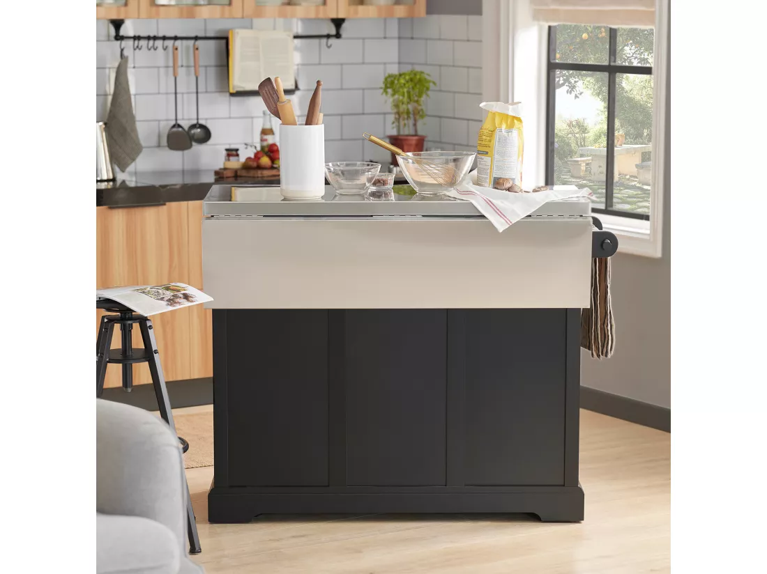 Desserte sur roulettes en Bois avec Plans de Travail Rabattable en Acier INOX, FKW71-SCH