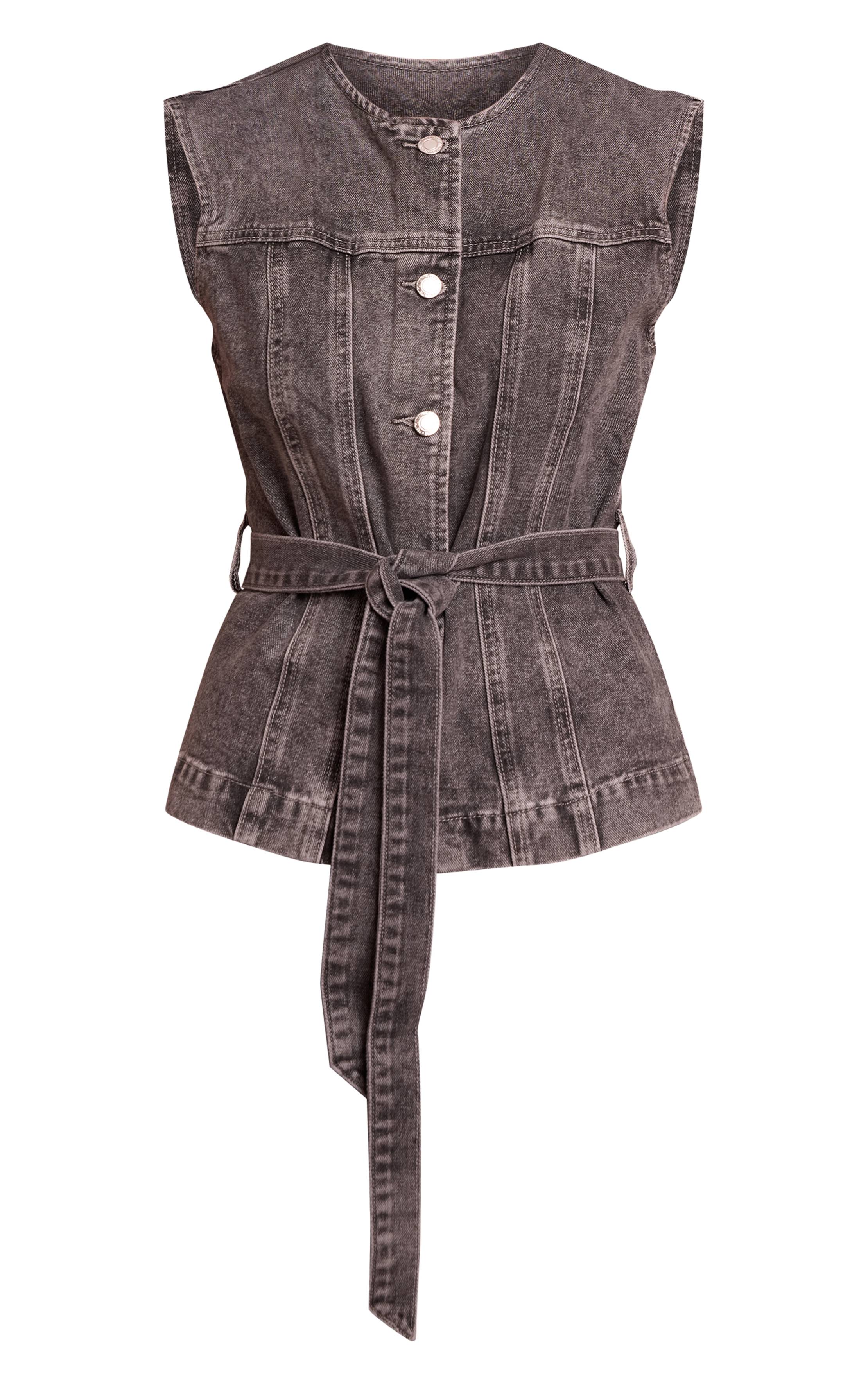 Washed Grey Haut En Denim Col Rond Avec Ceinture Cintrée