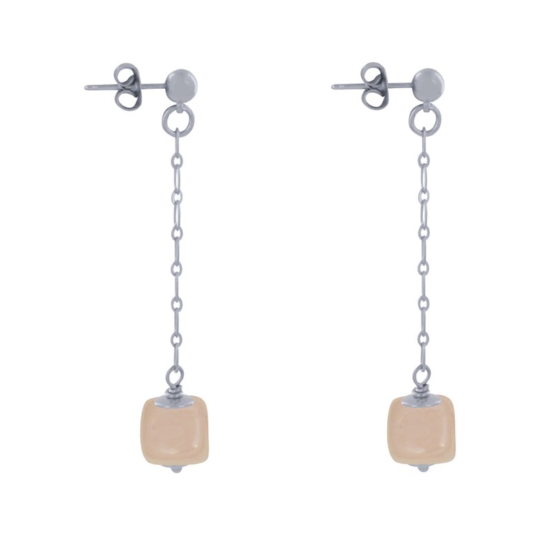 Boucles d'Oreilles Chainette Laiton Argenté et Cube en Céramique