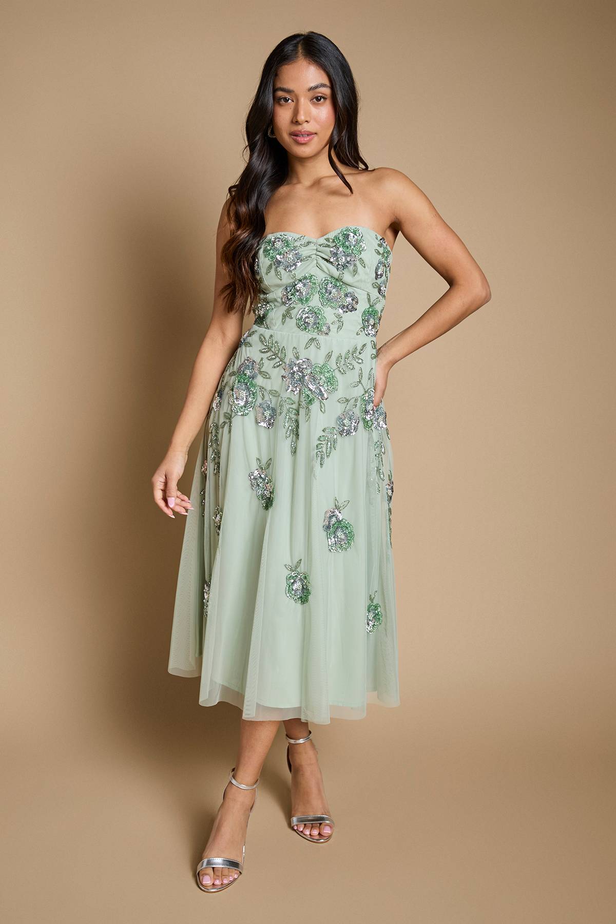 Oasis Robe Midi Bandeau À Ornements Floraux En Cascade Petite Taille Premium