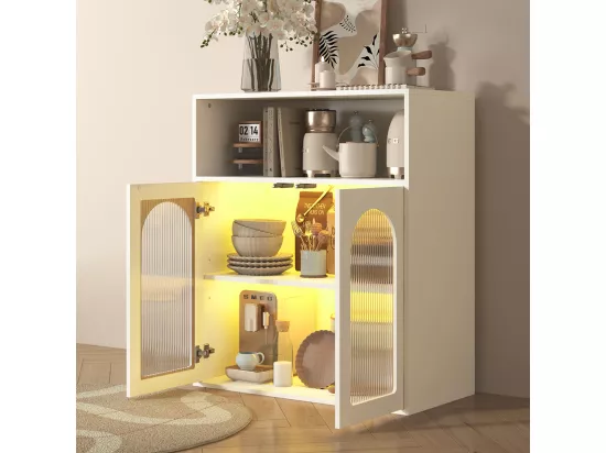 Buffet Meuble de rangement avec portes vitrées LED pour cuisine salon Blanc