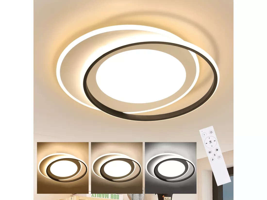 NETTLIFE Plafonnier LED Noir Blanc Rond 66W Moderne 48,5 cm Dimmable avec Télécommande Lampe de Salon pour Chambre Cuisine Couloir