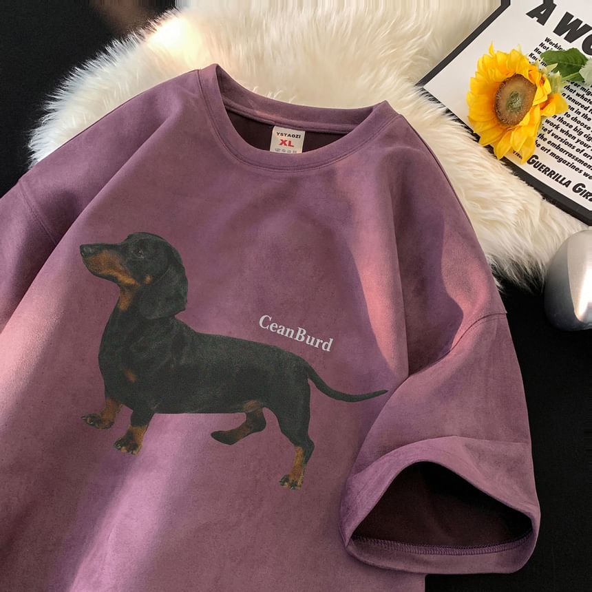 Breeson - T-shirt met ronde hals en hondenprint, met elleboogmouwen