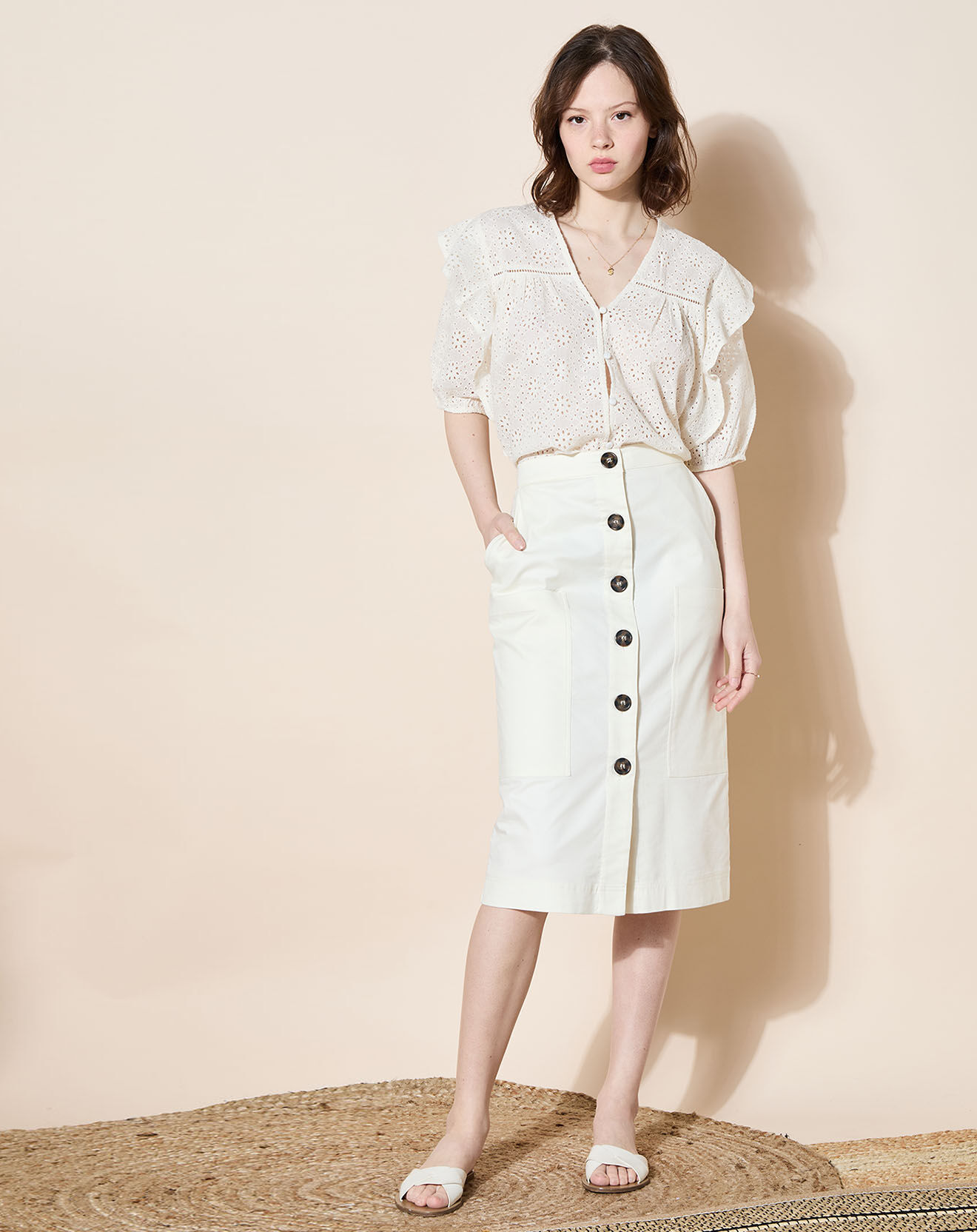 Galeries Lafayette Jupe droite Cacao Twill écrue