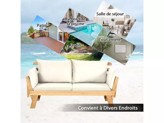 Canapé Lit de Jardin Convertible 2 en 1, Chaise Longue en Bois d'Acacia Certifié FSC Convertible avec Coussin, avec Accoudoir Réglable, Méridienne Extérieure, 198 x 75 x 75 cm, Blanc