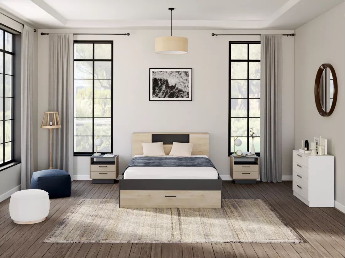 Lit avec tête de lit rangements et tiroirs - 160 x 200 cm - Coloris : Naturel et anthracite + Sommier + Matelas - LEANDRE