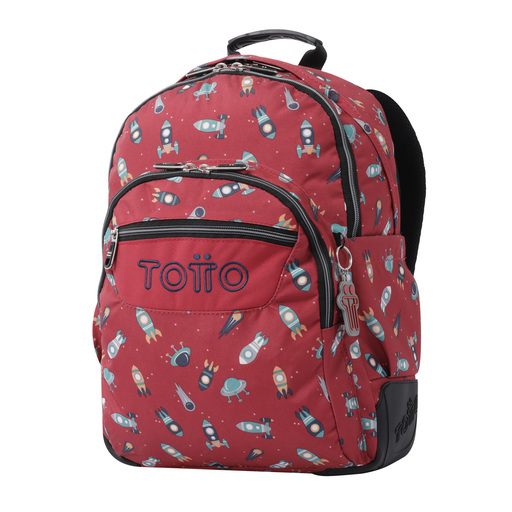 Mochila escolar Totto com estampa de foguetes e giz de cera.