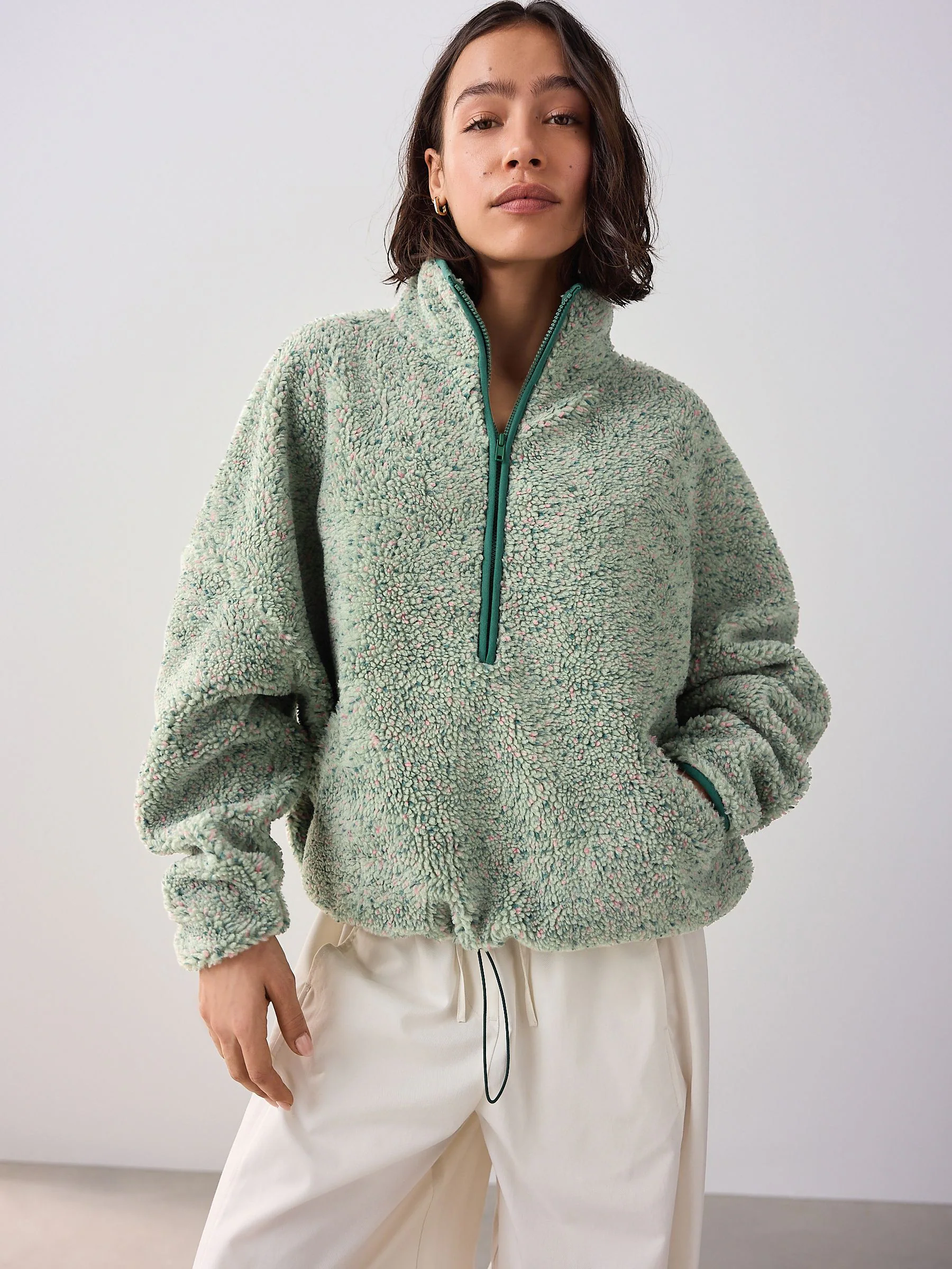 Blauwgroen - Teddy borg fleece sweatshirt met kwart rits