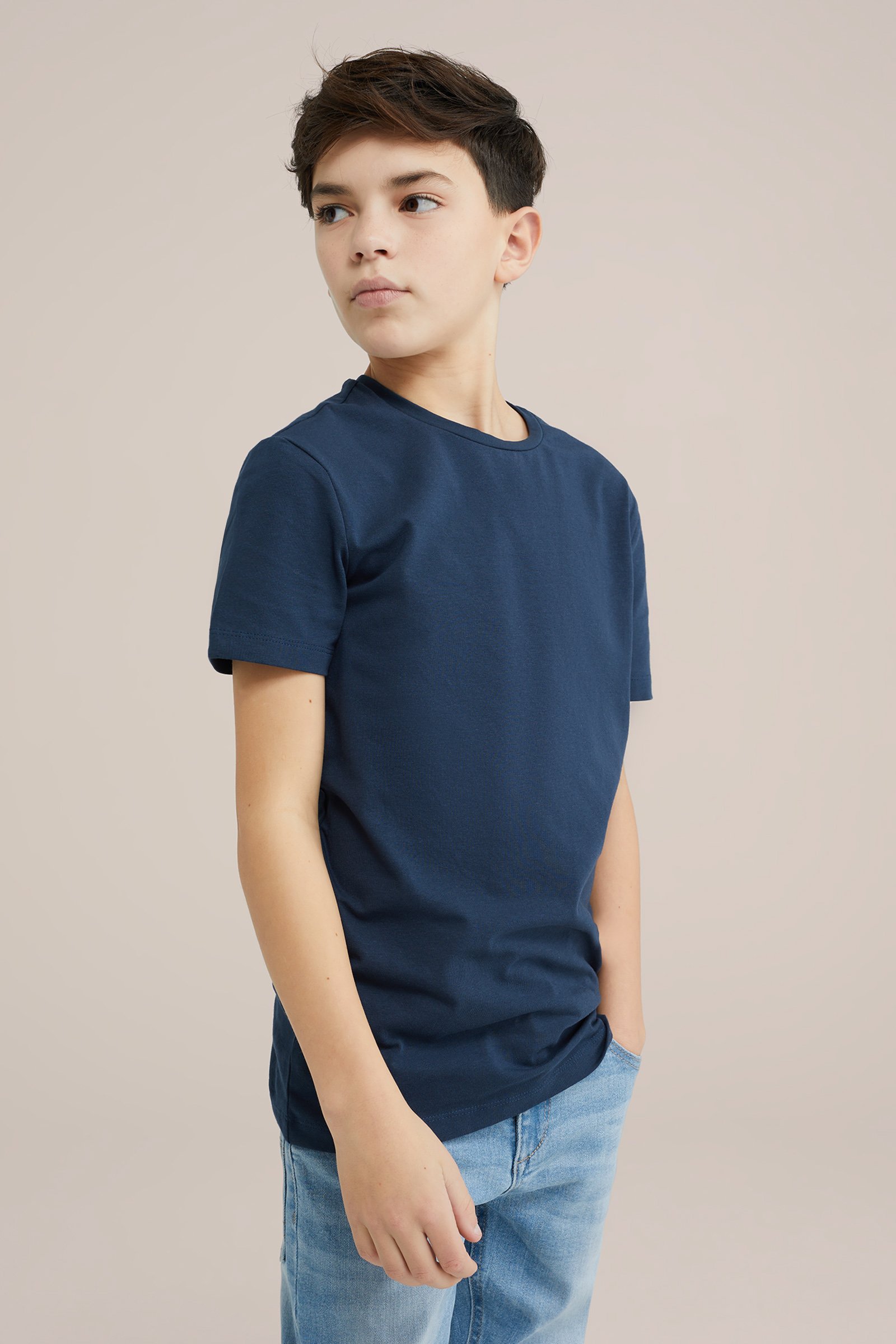 Jongens basic T-shirt met ronde hals WE Fashion Donkerblauw