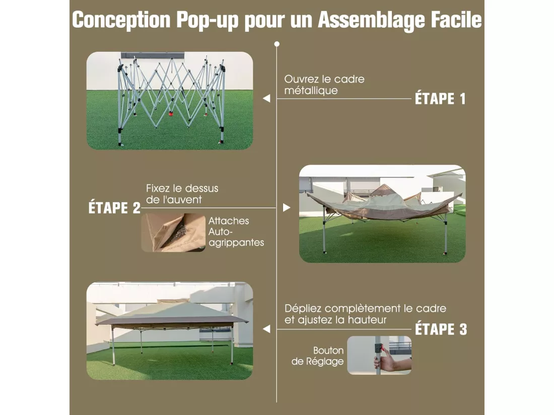 Tonnelle de Jardin Instantanée Double Toit 360X360CM, Tente Réception avec Dessus Ventilé Sac de Transport à roulettes, Tonnelle à Ouverture pour Fête Camping BBQ, Kaki