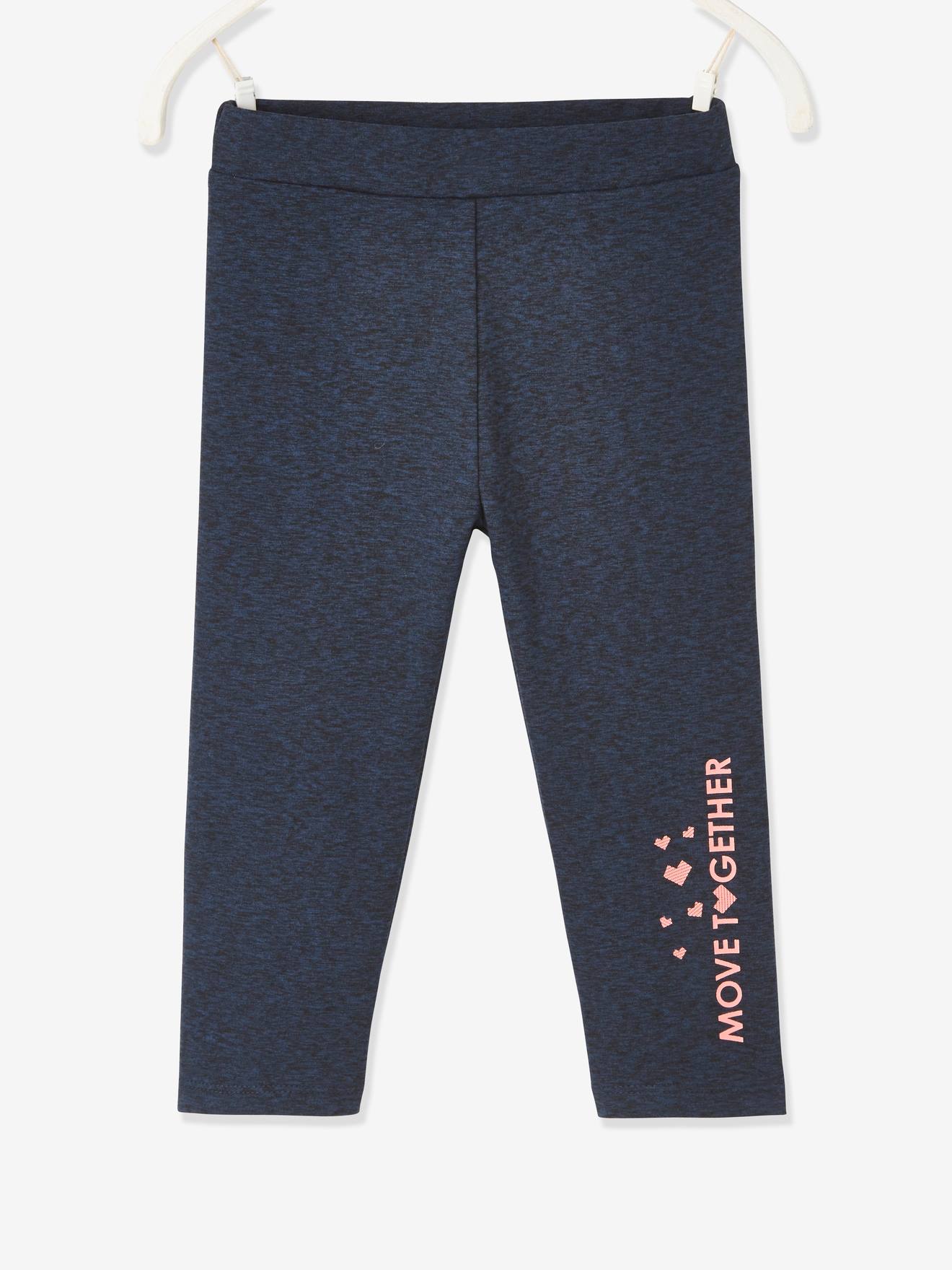 Calça legging esportiva capri feminina em tecido técnico azul escuro liso com estampas.
