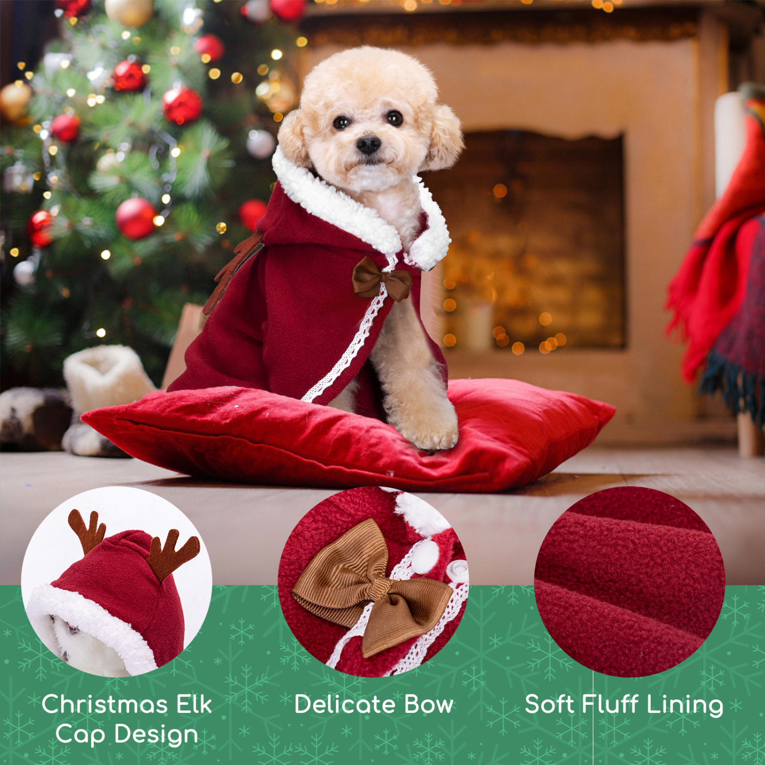Roupa de Natal Nobleza para Cães, Conjunto Natalino para Cães, Capa e Chapéu de Natal Fofos para Cães, Ideal para Natal, Festas e Aniversários. Tamanho G - 45 cm