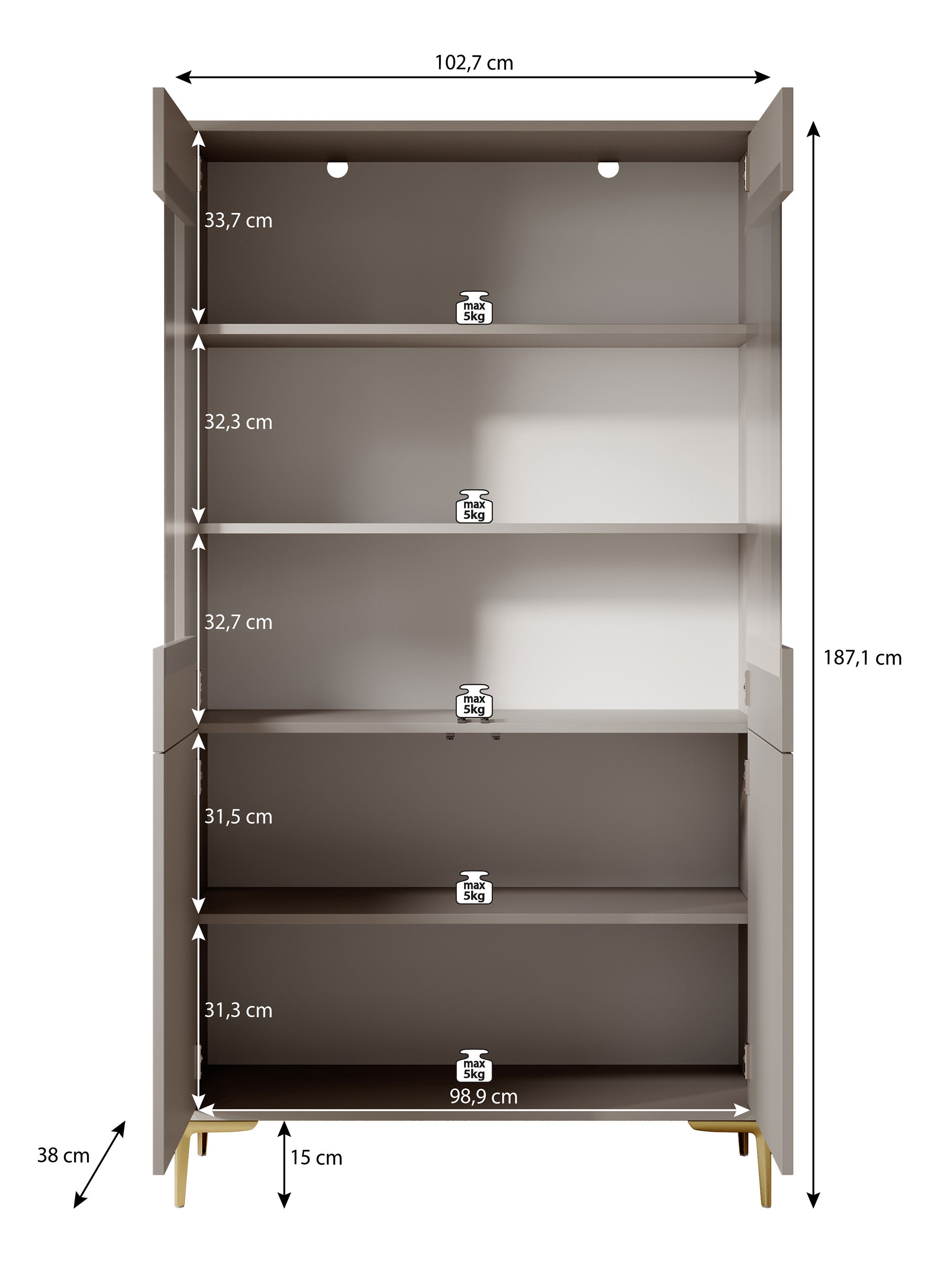 Meubella - Vitrinekast Five - Beige - 103 cm