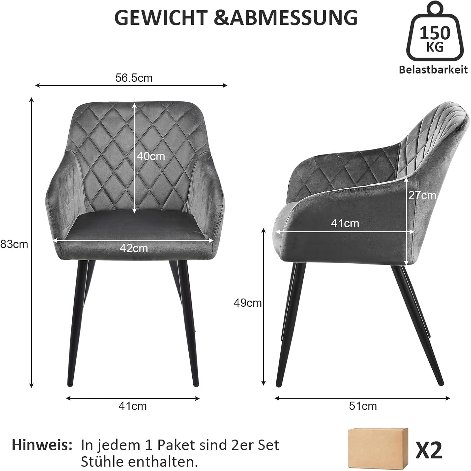 CLIPOP Esszimmerstühle 4er Set, Küchenstuhl Samt Bezug Wohnzimmerstuhl Polsterstuhl mit Armlehne Metallbeine Polstersessel Stuhl für Esszimmer Wohnzimmer Küche (4, Samt Grau)