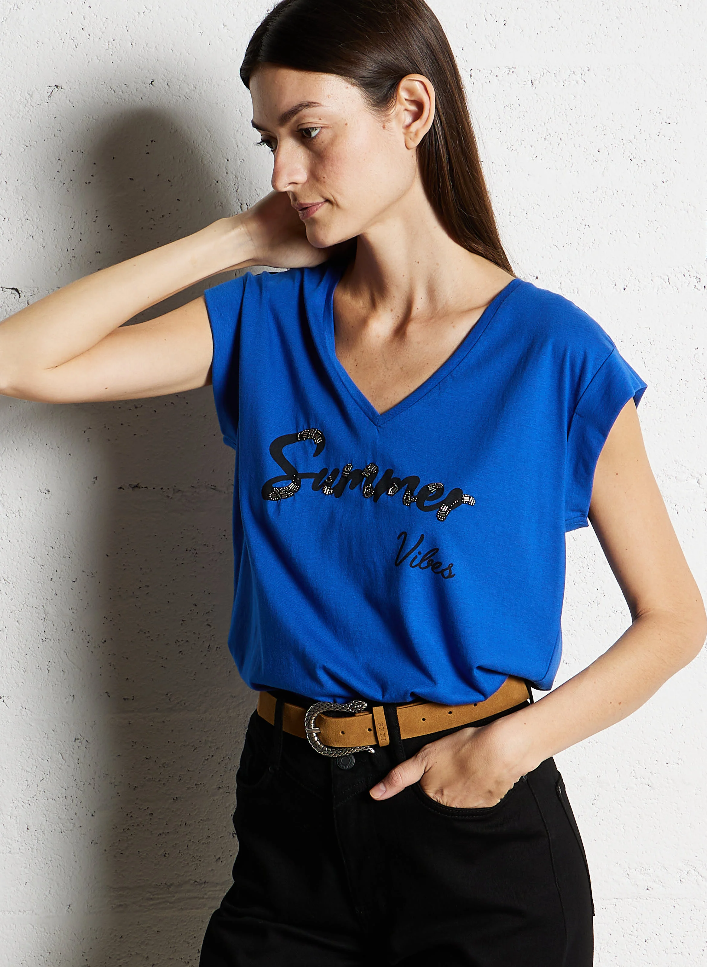 Tee-shirt col V imprimé | Bleu