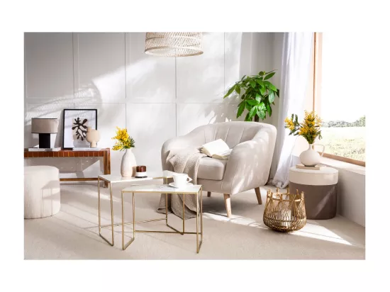 Pouf design bicolore en tissu velours blanc crème et taupe D40 cm DAISY