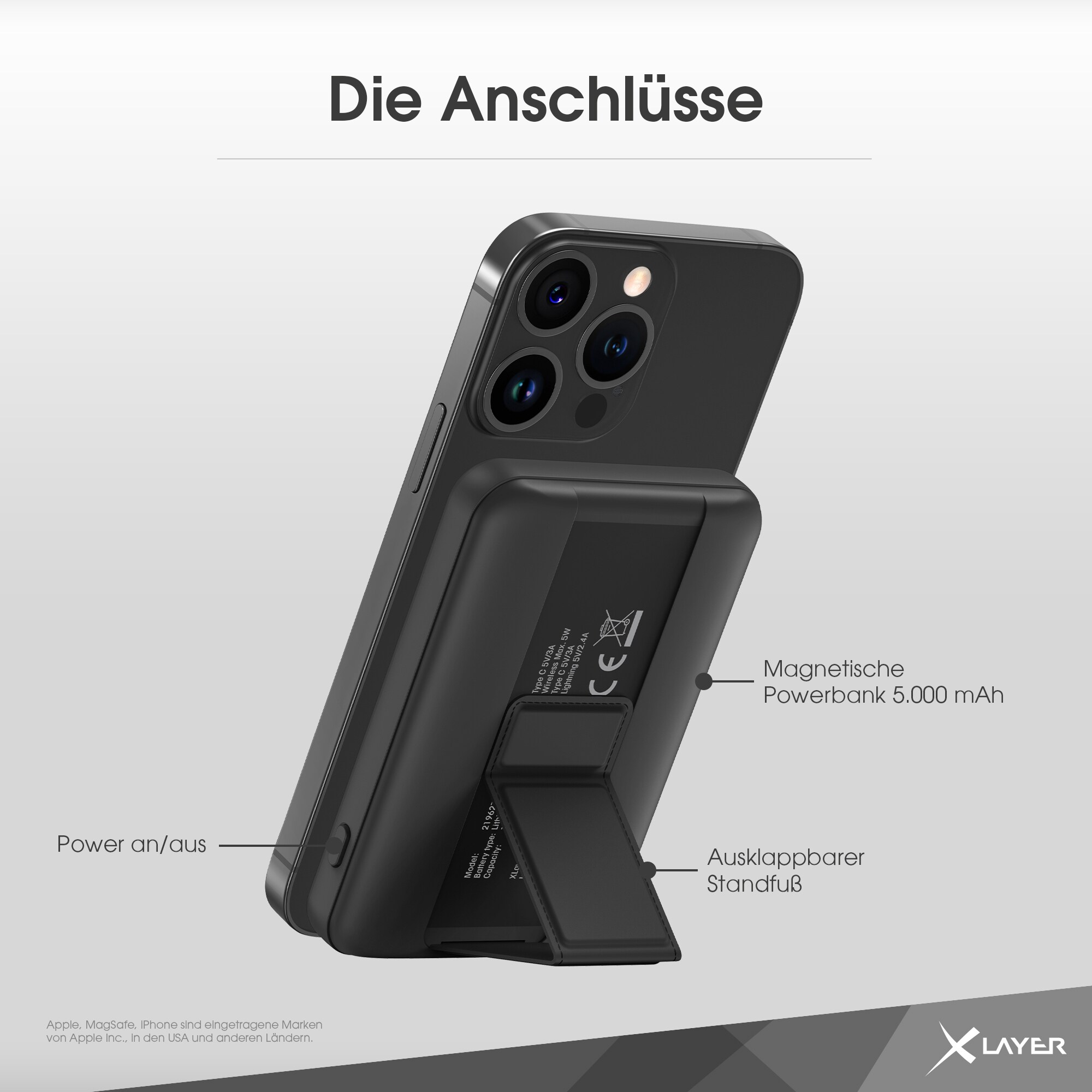 Xlayer WIRELESS Powerbank MagSafe 5000 mAh 2 in 1 mit Standfuß USB-C Magnetisch