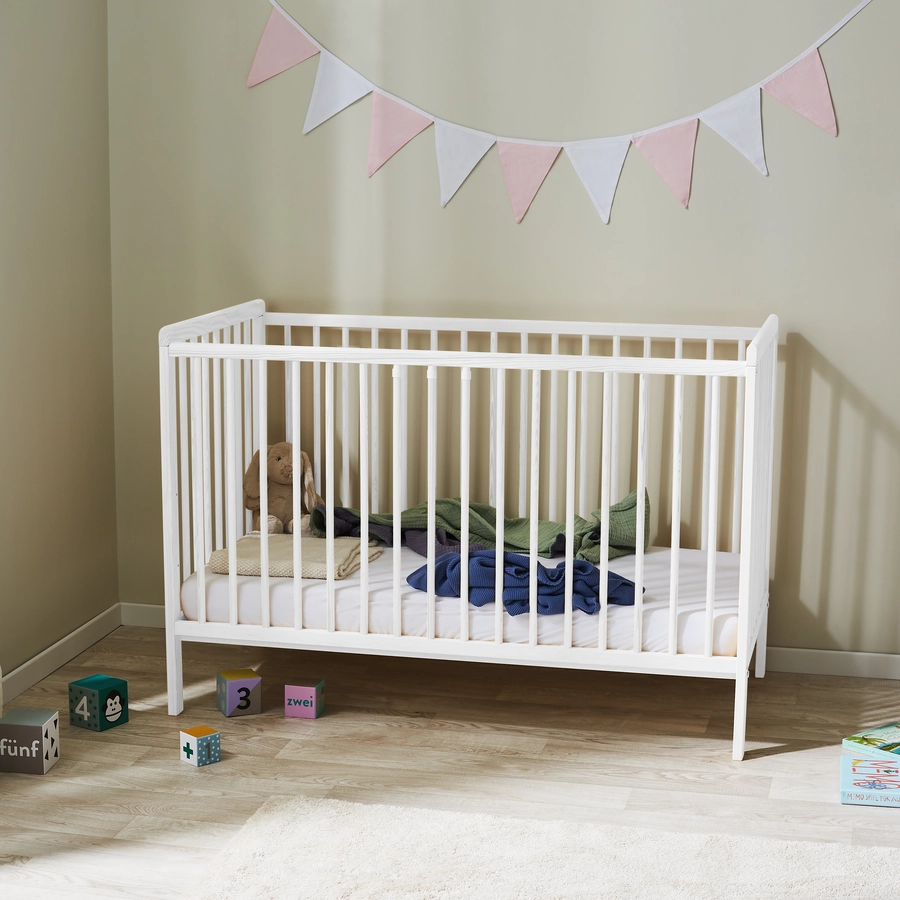 Kids Collective Babybett Gitterbett 60x120 höhenverstellbar & herausnehmbare Sprossen weiß mit Matratze