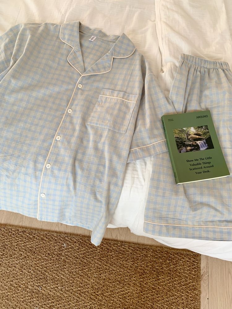 Tanee - Koppel bijpassende pyjamajurk met korte mouwen, ronde hals, geruite ruches, korte mouwen en kraag / korte broek / set