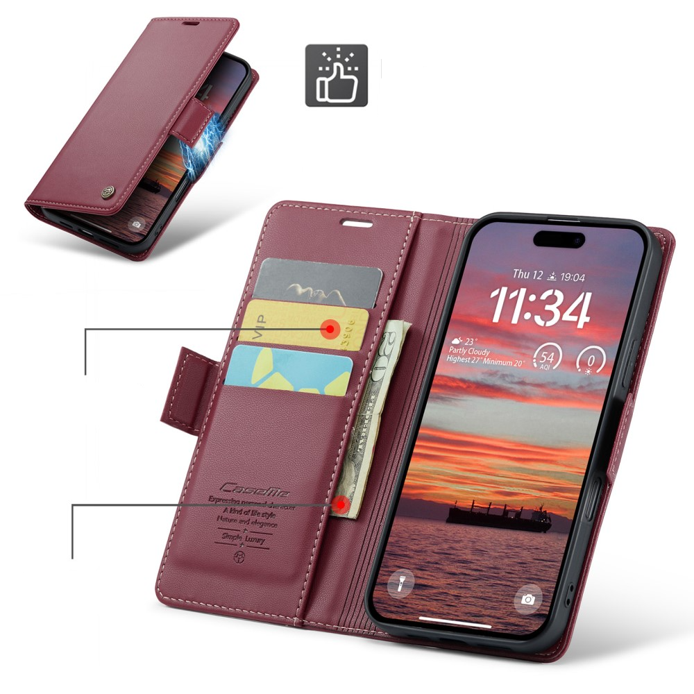 iPhone 16 Leder Tasche Flip Wallet Etui mit Kartenfächern Litchi Look (RFID Schutz) - Rot