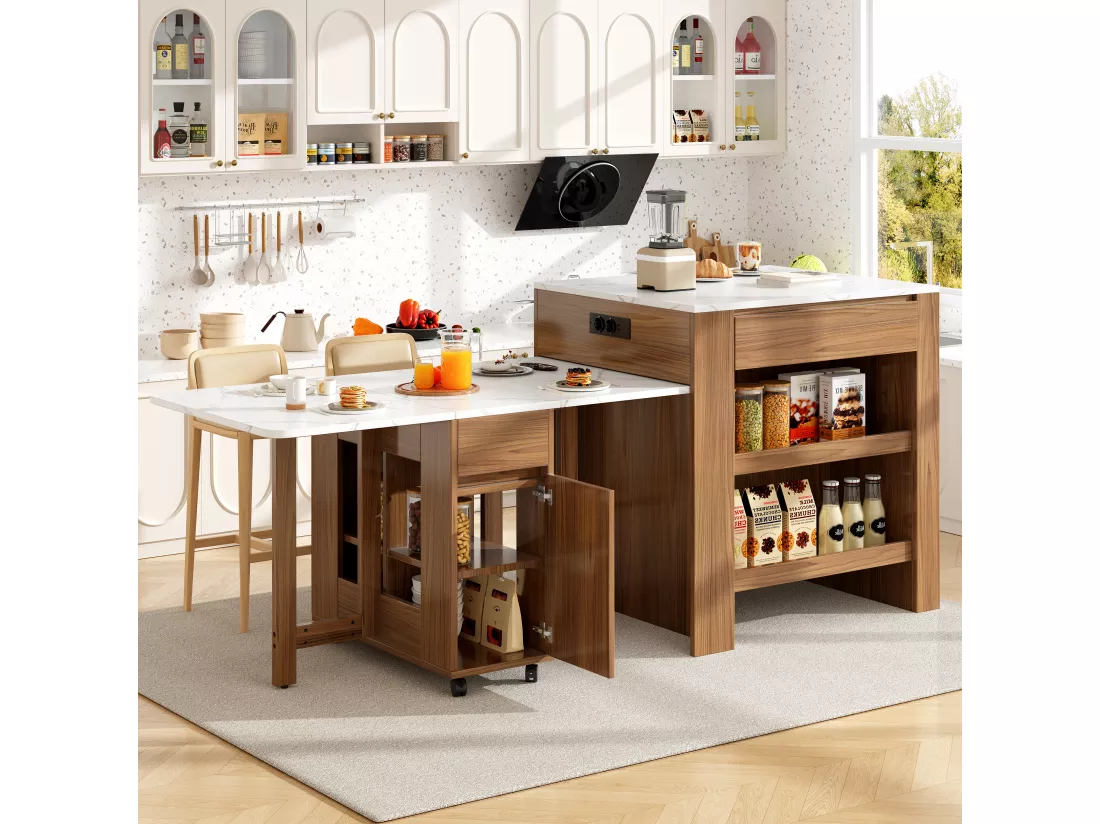Ilot central de cuisine avec 4 tiroirs et étagères ouvertes - Plateau extensible - 110(214)x78x97.5 cm - 2 à 6 personnes - Marron+Blanc