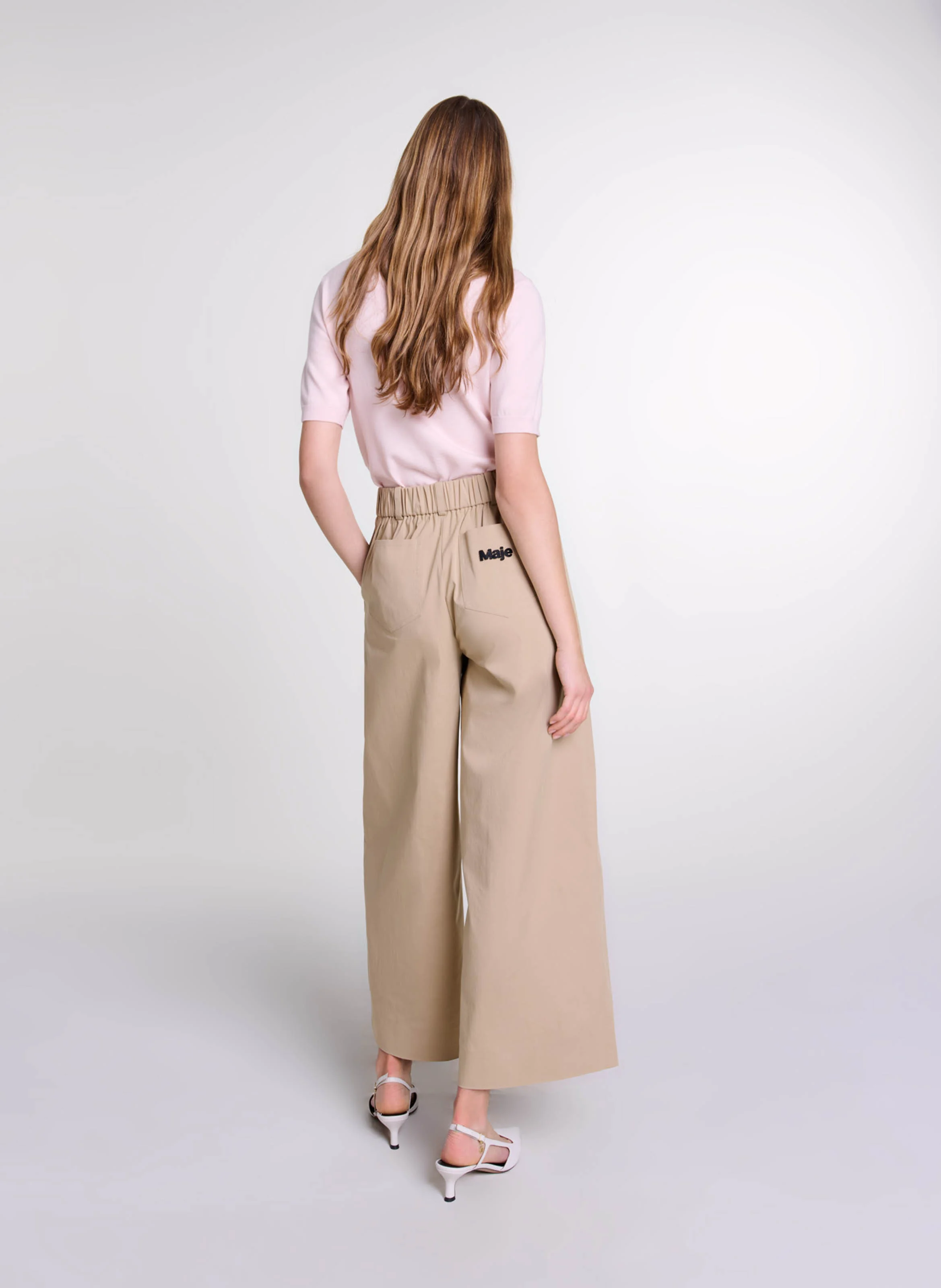 Pantalon large en coton mélangé | Beige