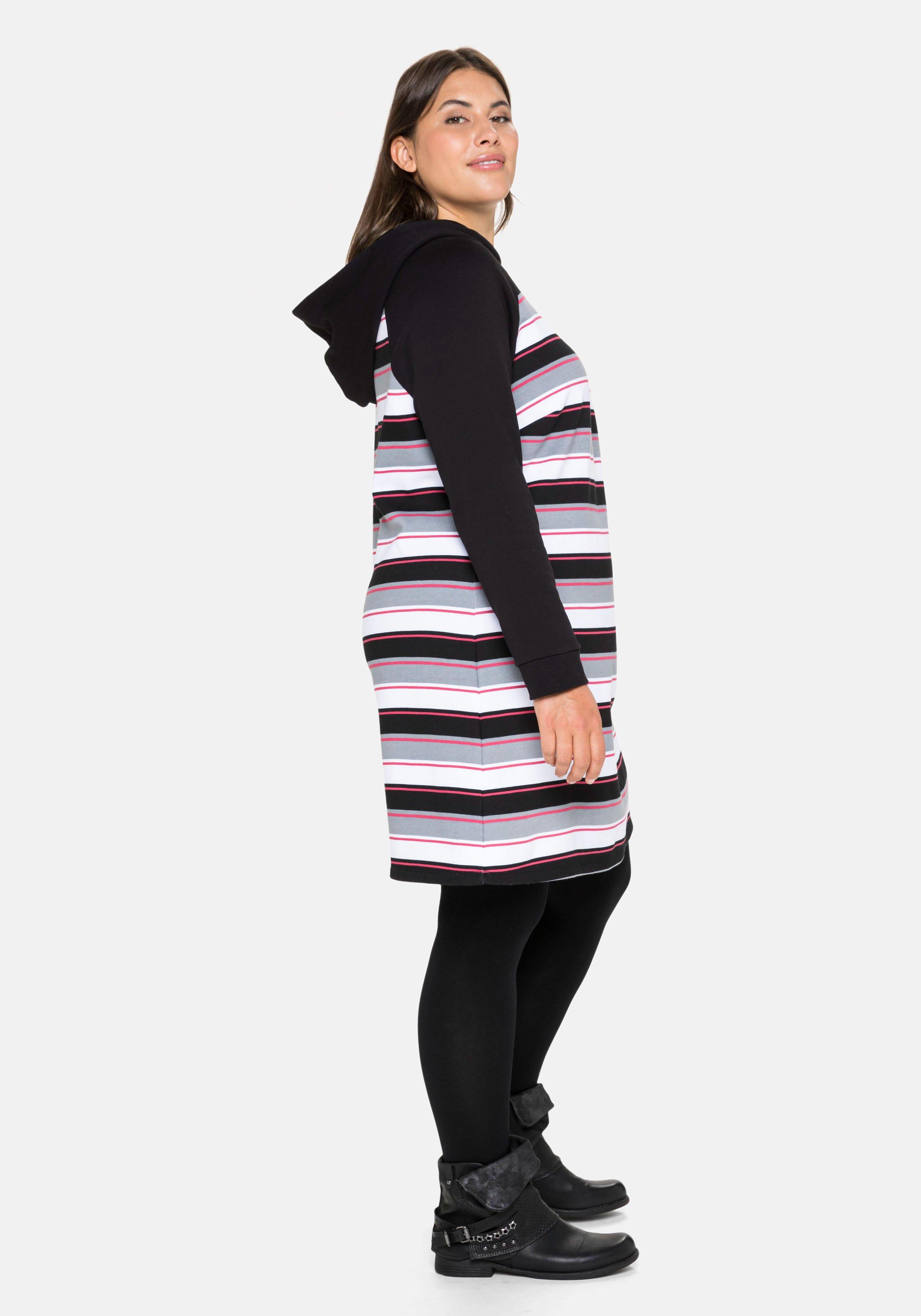 Sweatkleid mit Ringeln, Kapuze und Reißverschluss