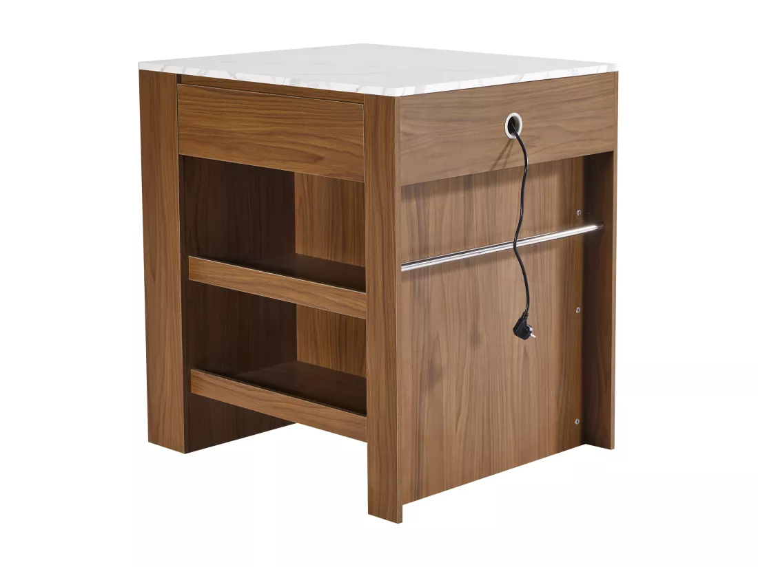 Ilot central de cuisine avec 4 tiroirs et étagères ouvertes - Plateau extensible - 110(214)x78x97.5 cm - 2 à 6 personnes - Marron+Blanc