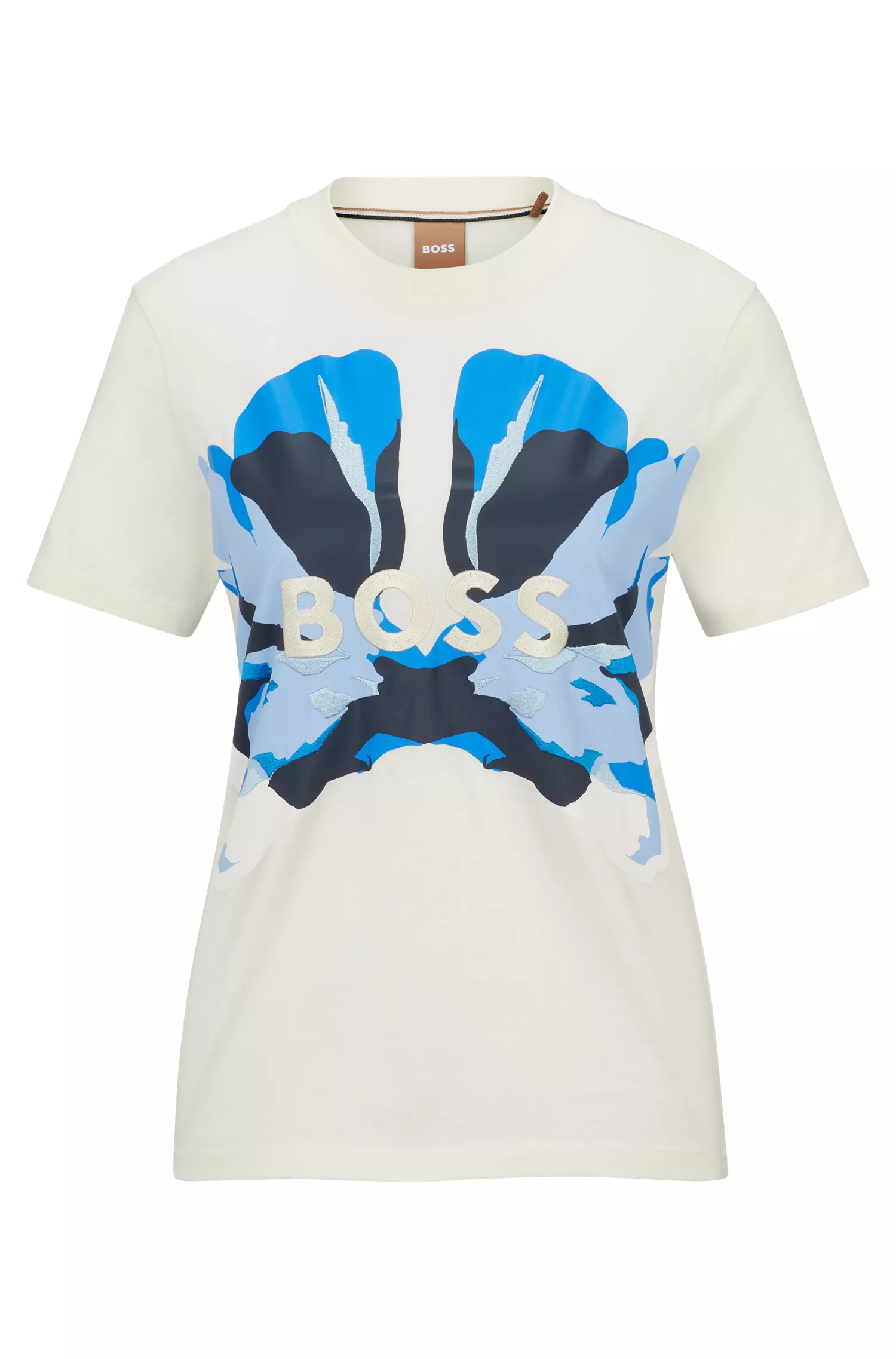 Camiseta BOSS preta de algodão orgânico, corte slim, com estampa sazonal.