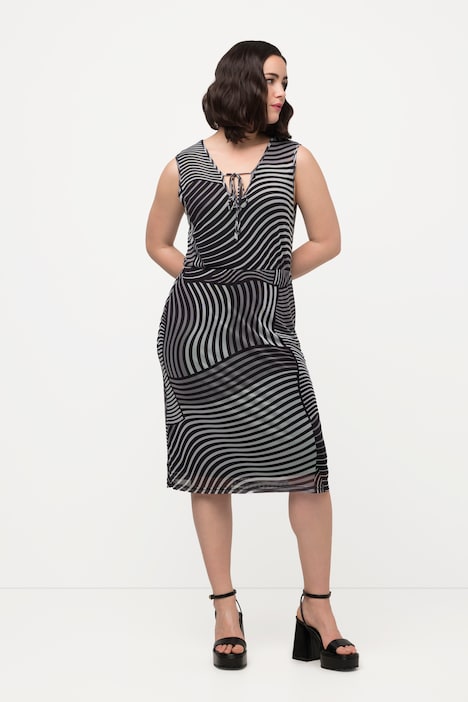 Mesh-Midikleid, grafischer Druck, V-Ausschnitt, ärmellos
