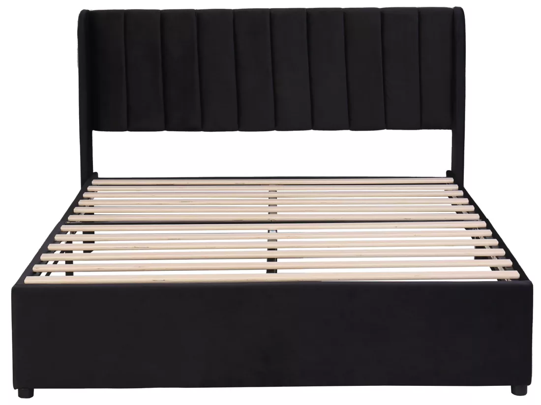 Lit avec 2 tiroirs - 140 x 200 cm - velours - sommier à lattes - coloris noir
