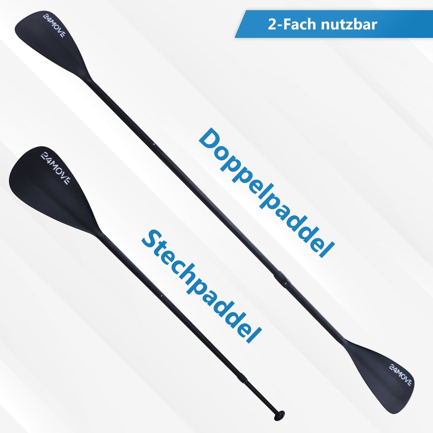 24MOVE® Paddel Doppelpaddel 2 in 1 Teleskoppaddel Stechpaddel für SUP Stand Up Board , Kajak, Leicht aus Aluminium 230cm, verstellbar