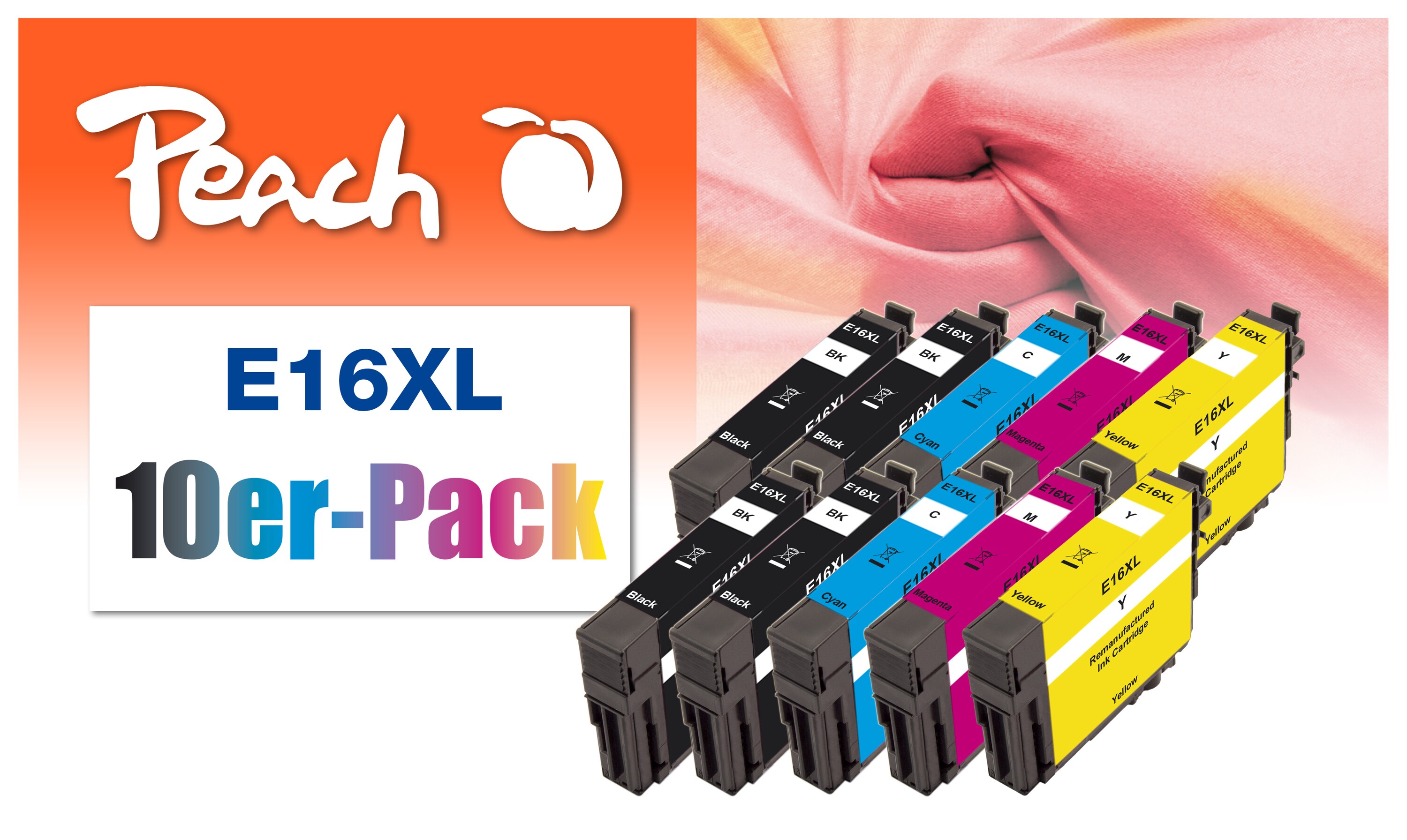 Peach E16 XL 10 Druckerpatronen XL (2*bk, bk, c/m/y) ersetzt Epson No. 16XL, C13T16364010 für z.B. Epson WorkForce WF -2010 W (wiederaufbereitet)