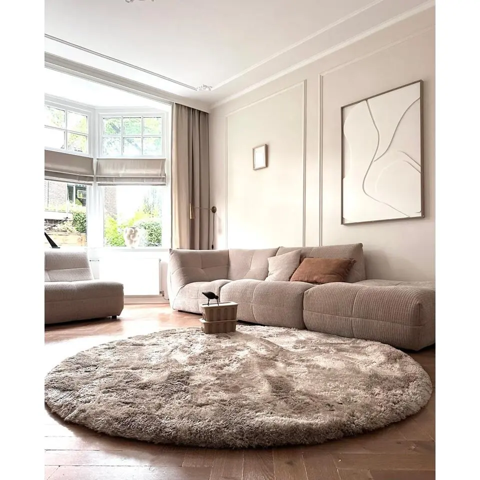 Interieur05 Rond Hoogpolig vloerkleed Odelia beige/wit - 160 x 160 cm
