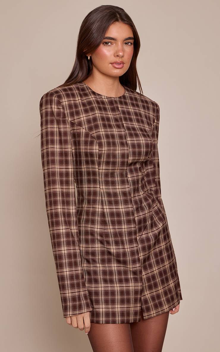 Marron Robe Blazer Mini À Carreaux Avec Épaulettes