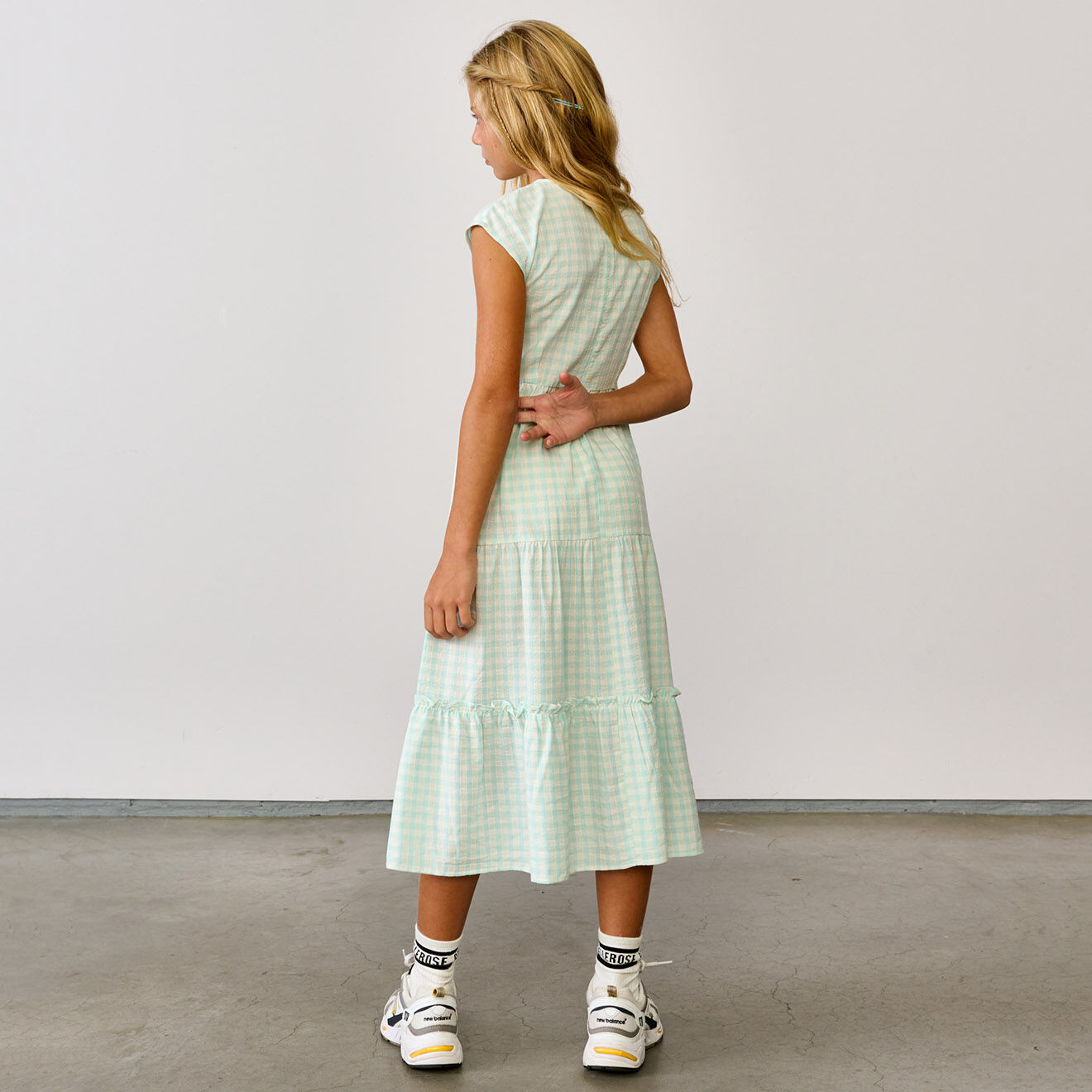 Bellerose Robe longue Azul motif vichy à volants menthe