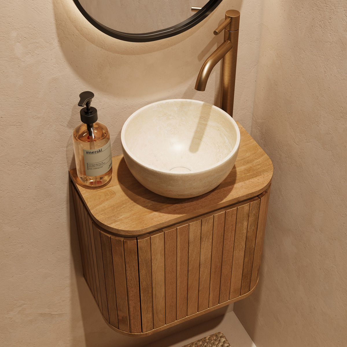 Livli Estrela toiletmeubel links 40cm ribbelfront met White Travertin waskom