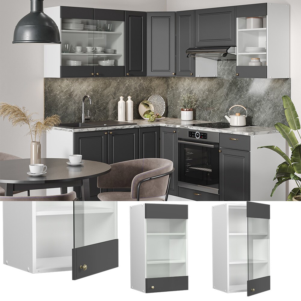 Vicco Hängeglasschrank Küchenschrank Küchenmöbel Fame-Line Weiß Anthrazit-Gold Landhaus 40 cm Küche Einbauküche Hängeschrank Glasschrank Drehtür Einlegeboden Küchenzeile