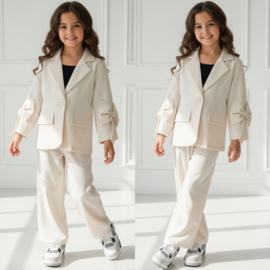 Girls Elegant Bow Blazer Set - beige