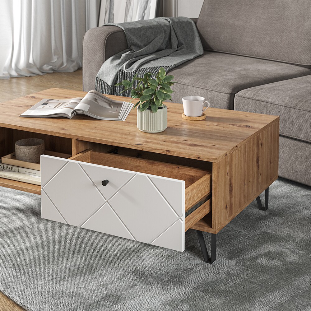 Vicco Couchtisch Nizza 110 x 37 cm, Artisan Weiß, moderner Tisch mit Ablagen