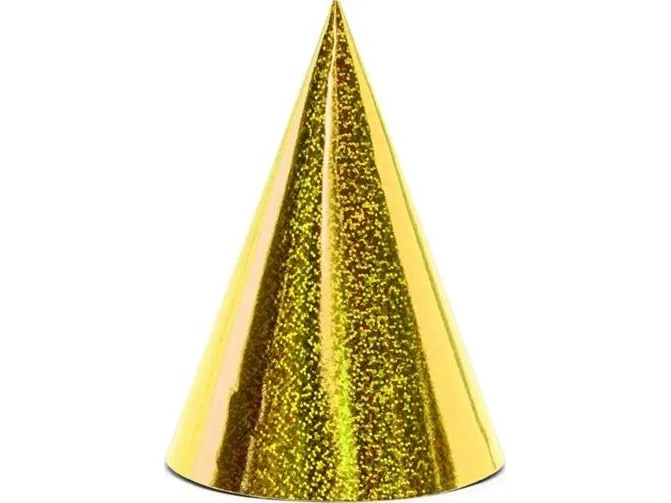 Partyhatte guld holografisk, 6 stk