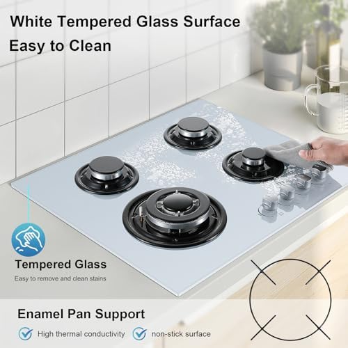 TopStrong Plaque de Cuisson Gaz 4 Feux, 60cm Plaque Gaz 4 Feux avec Sécurité Thermocouple, Cuisinière Encastrable, Naturel/Propane, 8060W, 220 240 V, Verre Noir : Gros électroménager