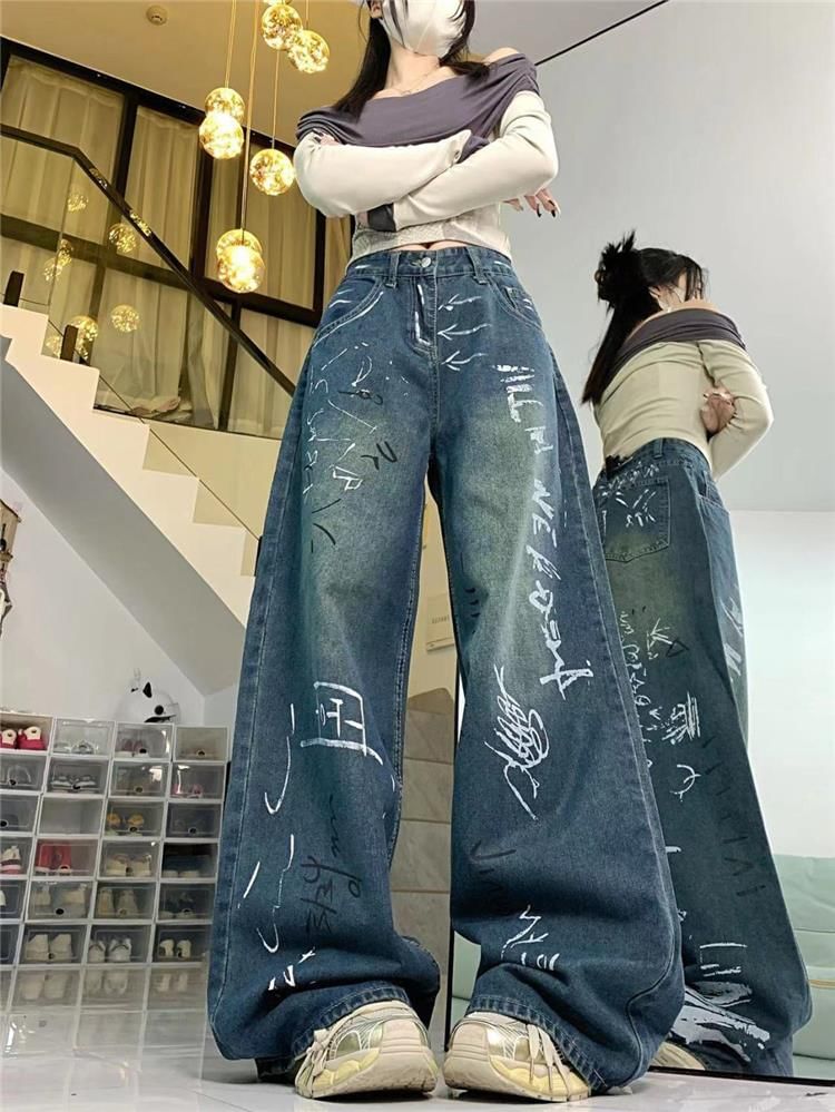 Bay Go Mall - High Rise Print Wijde Pijpen Jeans